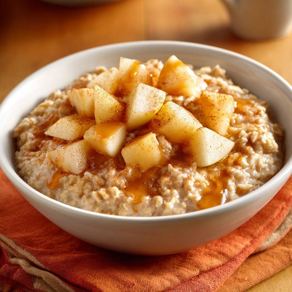 Cinnamon pear morning oats drizzled with syrup in a white bowl, garnished with fresh pear slices and cinnamon.