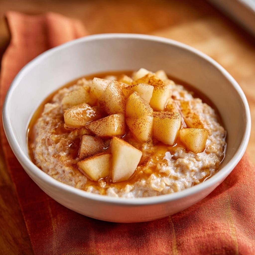 Cinnamon pear morning oats topped with diced pears and a sprinkle of cinnamon, showing a close-up detail of the garnish.