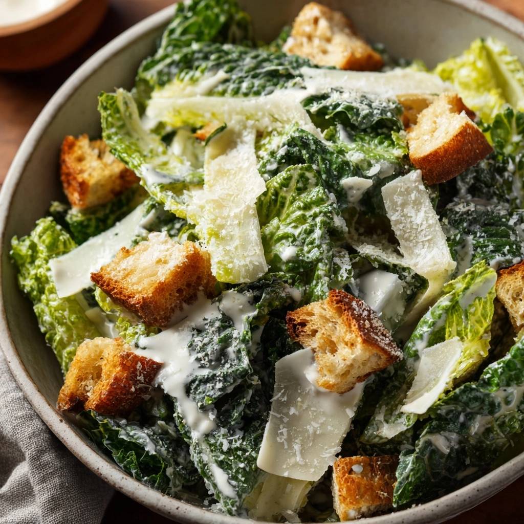 Classic Caesar salad with garlic croutons, featuring a detailed view of romaine lettuce, parmesan shavings, and creamy dressing.