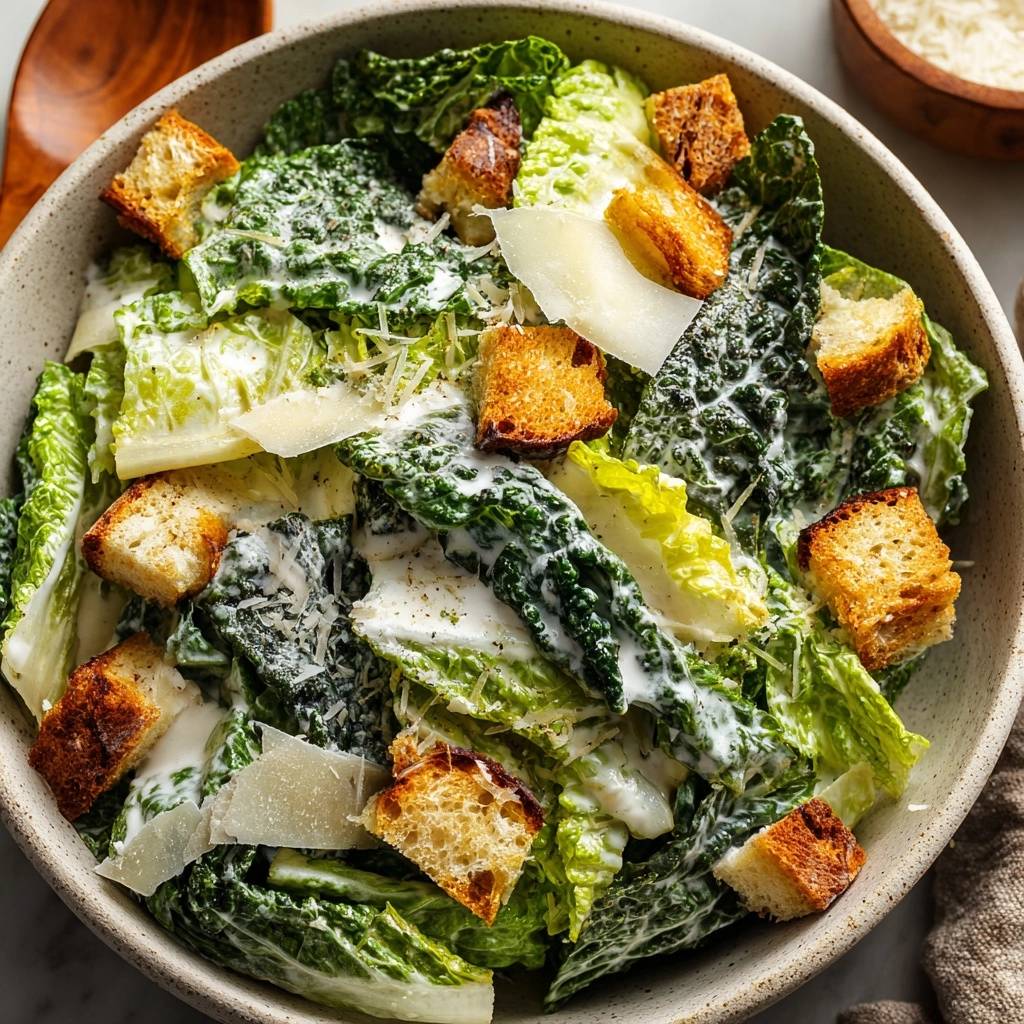 Classic Caesar salad with garlic croutons and shaved parmesan, shown in an overhead bowl view.