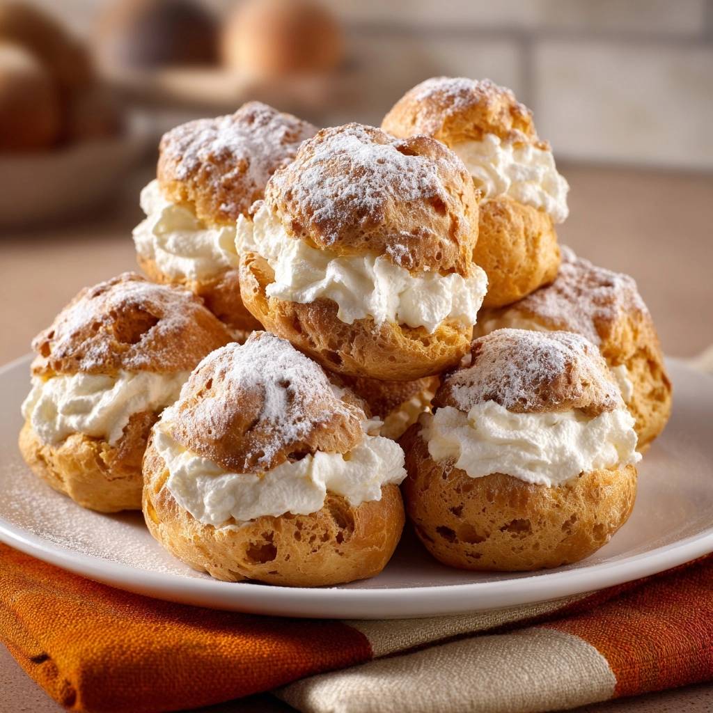 Classic cream puffs generously filled with whipped cream and dusted with powdered sugar, stacked on a white plate.