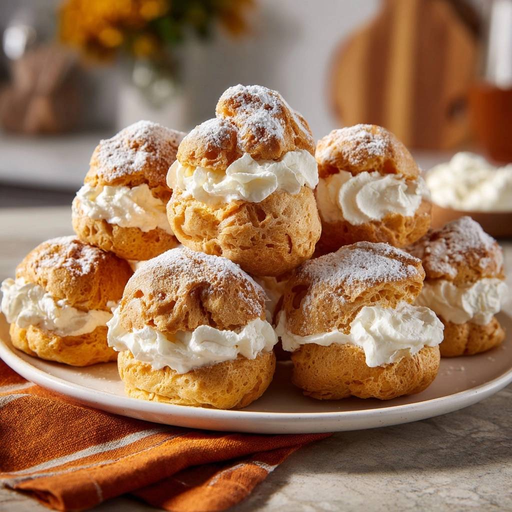 Classic cream puffs piled high on a white plate, dusted with powdered sugar.