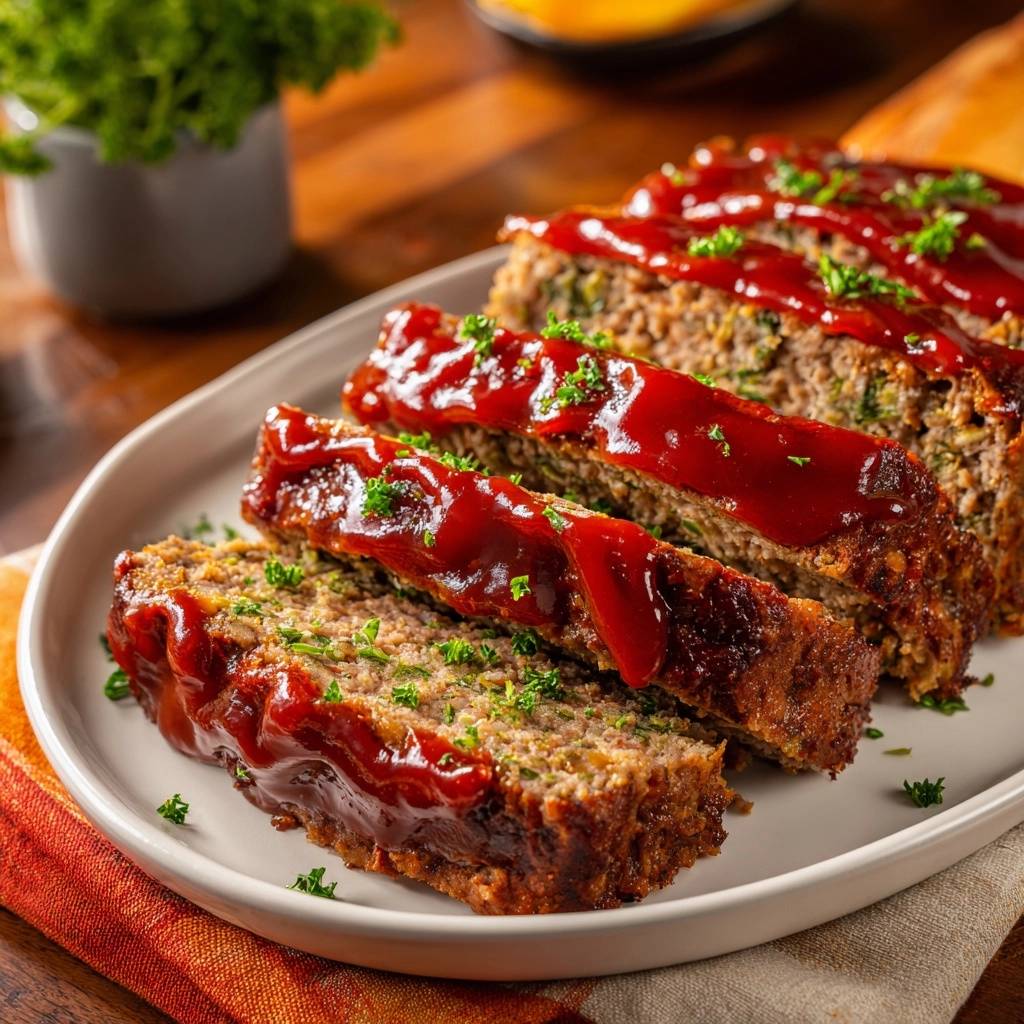 Classic glazed meatloaf sliced and garnished with fresh parsley on a white platter.