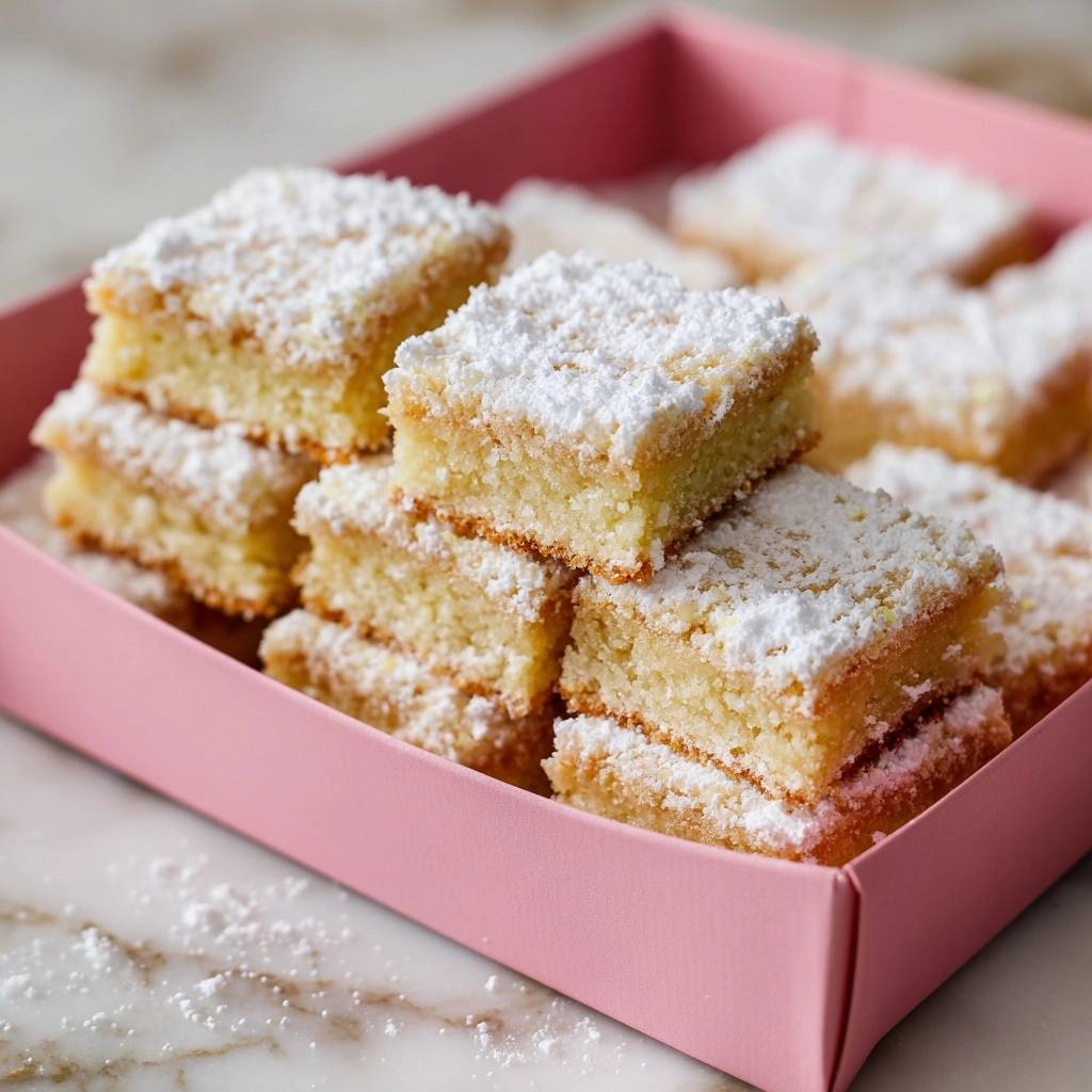 Classic lemon bars with a firm, sliceable texture are neatly stacked in a pink box, dusted with powdered sugar.