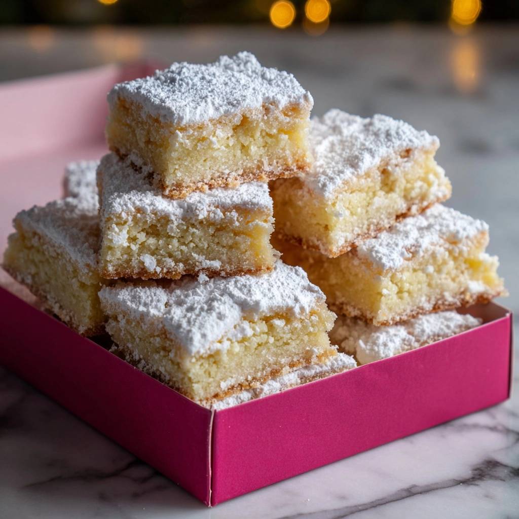 Classic lemon bars with a firm, sliceable texture are stacked in a pink box, dusted with powdered sugar.
