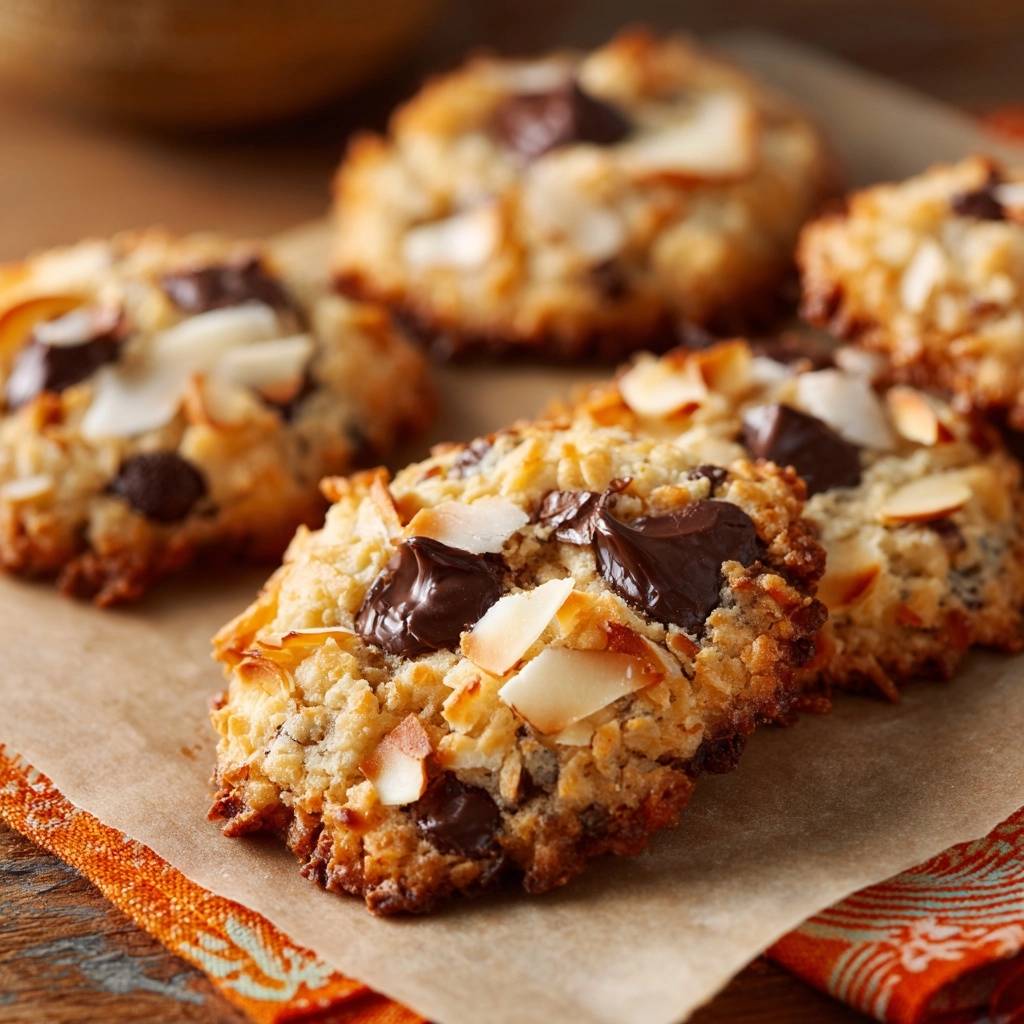 Coconut almond chocolate cookies showing a close-up texture with melted chocolate chips and toasted almond slivers.