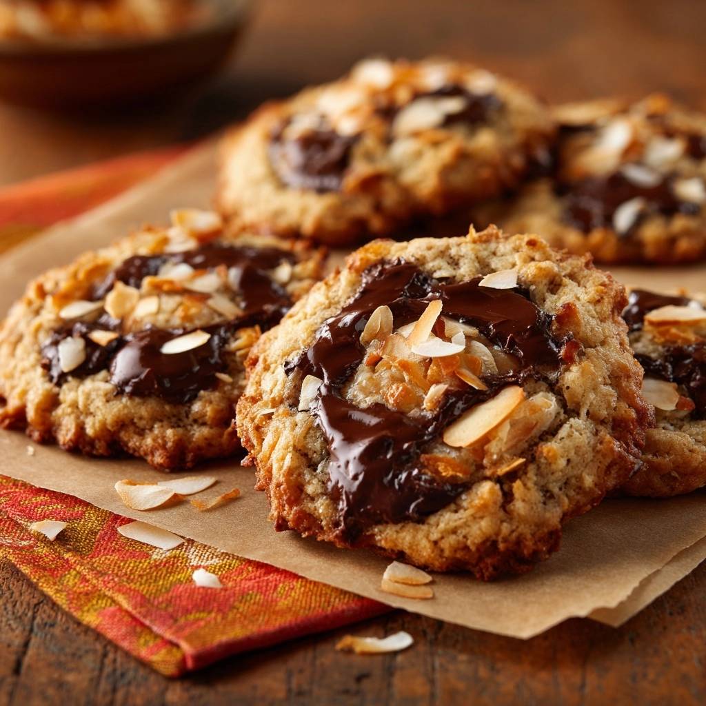 Coconut almond chocolate cookies are shown in a close-up view, highlighting the melted chocolate and toasted almond topping.