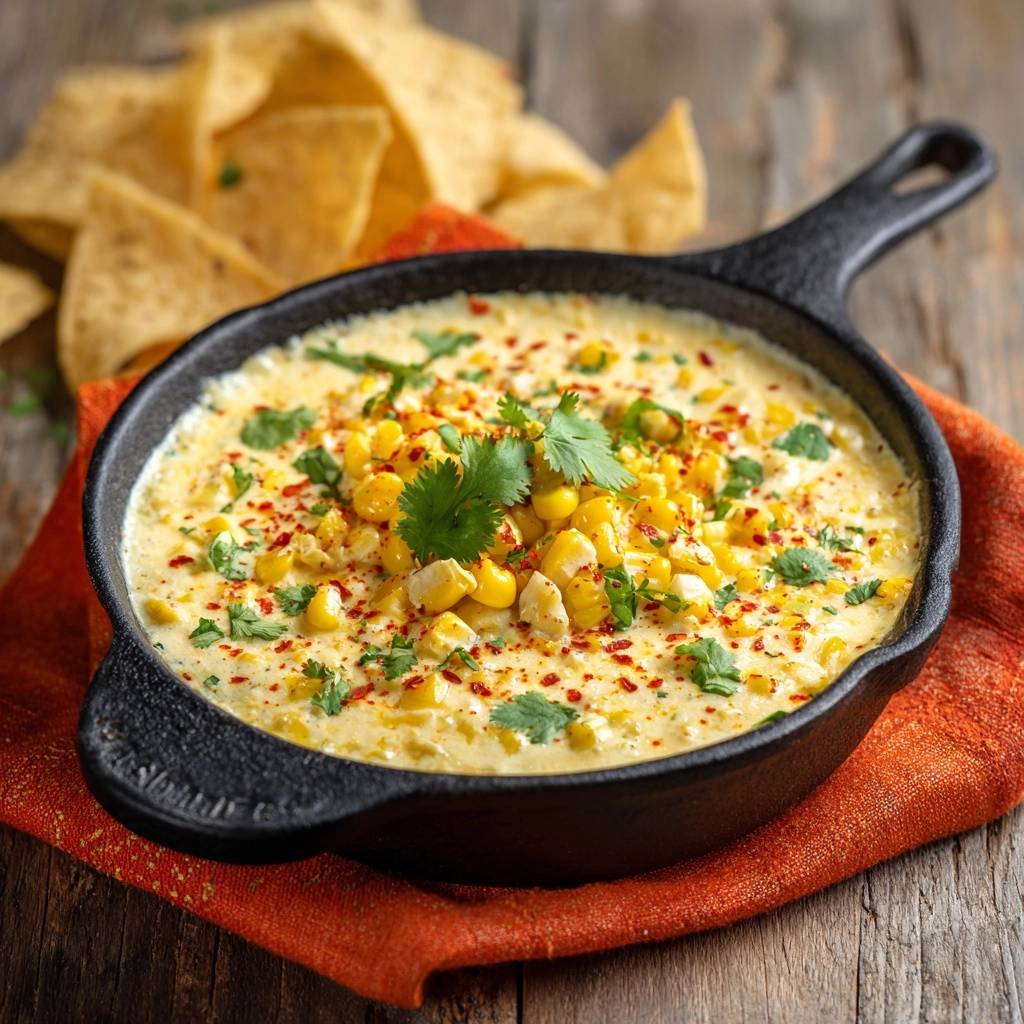 Corn queso dip in a cast iron skillet, garnished with cilantro and red pepper flakes, served with tortilla chips.