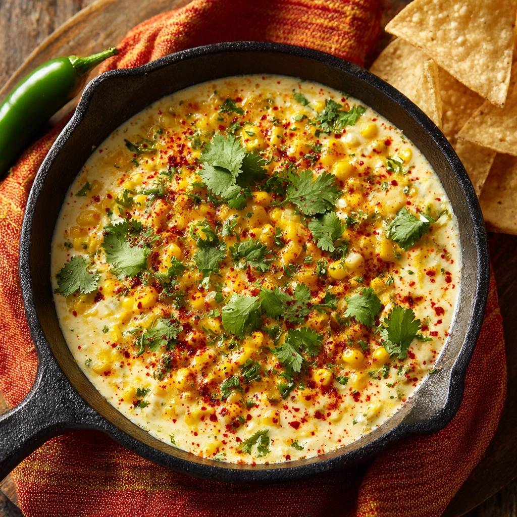 Corn queso dip in a cast iron skillet, generously garnished with cilantro and chili powder, served with tortilla chips.