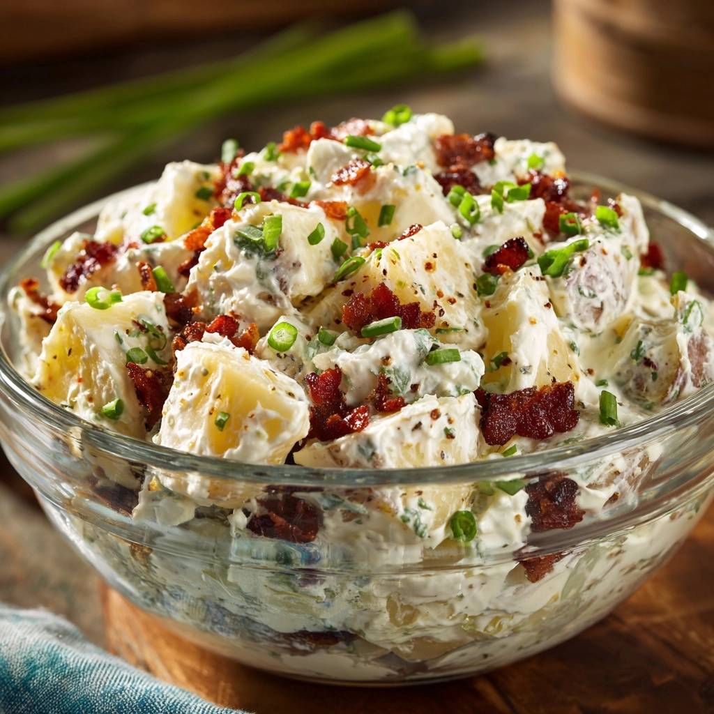 Cranberry bacon potato salad with crispy bacon and chives served in a glass bowl, showcasing its fresh garnish.