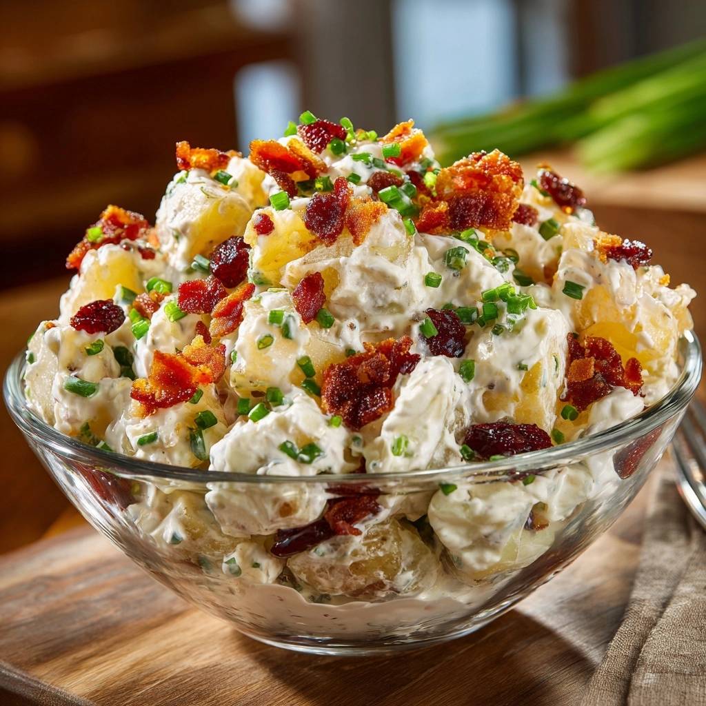 Cranberry bacon potato salad with crispy bacon, generously garnished and served in a clear glass bowl.