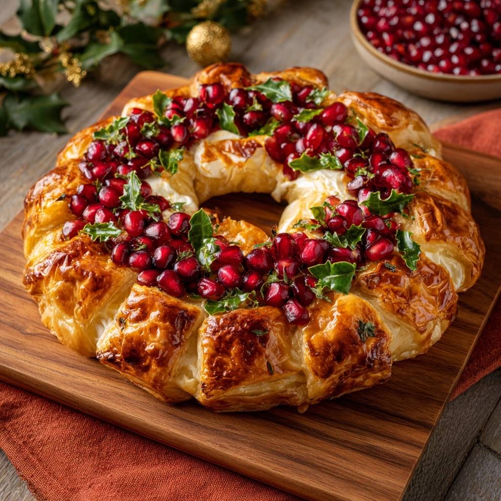 Cranberry Brie Puff Pastry Wreath garnished with fresh pomegranate seeds and rosemary sprigs on a wooden board.