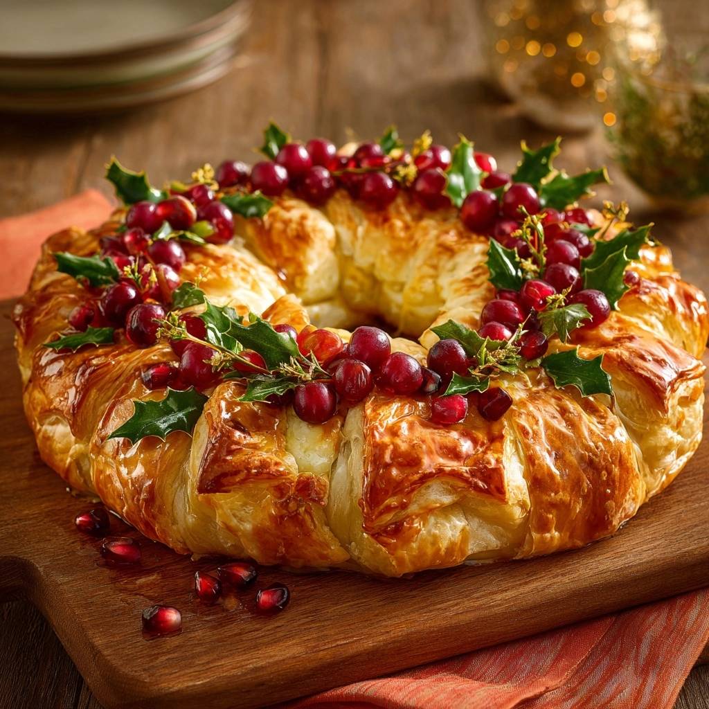 Cranberry Brie Puff Pastry Wreath, a flaky holiday masterpiece, garnished with grapes and holly, shown from an overhead perspective.