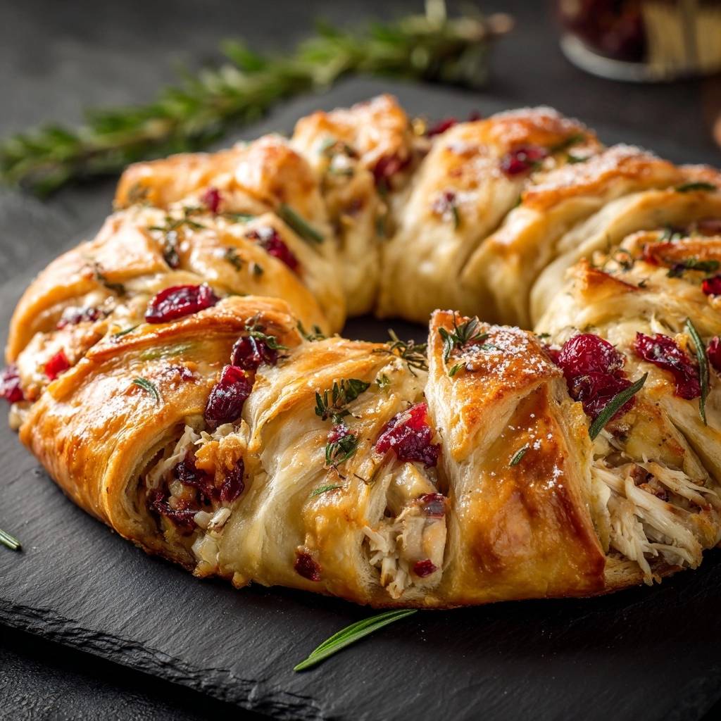 Savory cranberry chicken crescent ring shown in a close-up, baked view on a black slate board with rosemary sprigs.