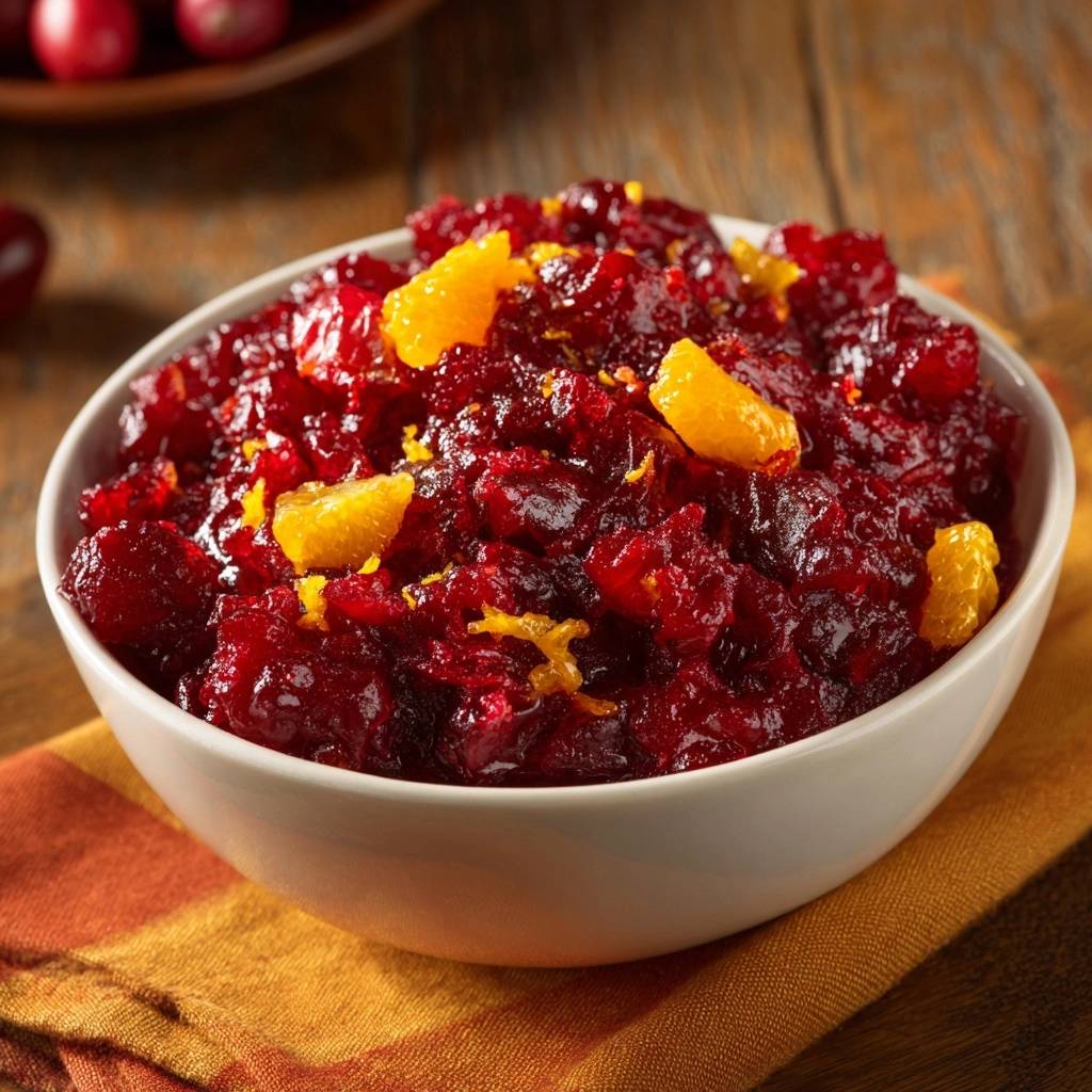 Cranberry orange sauce served in a white bowl, garnished with orange slices and zest.