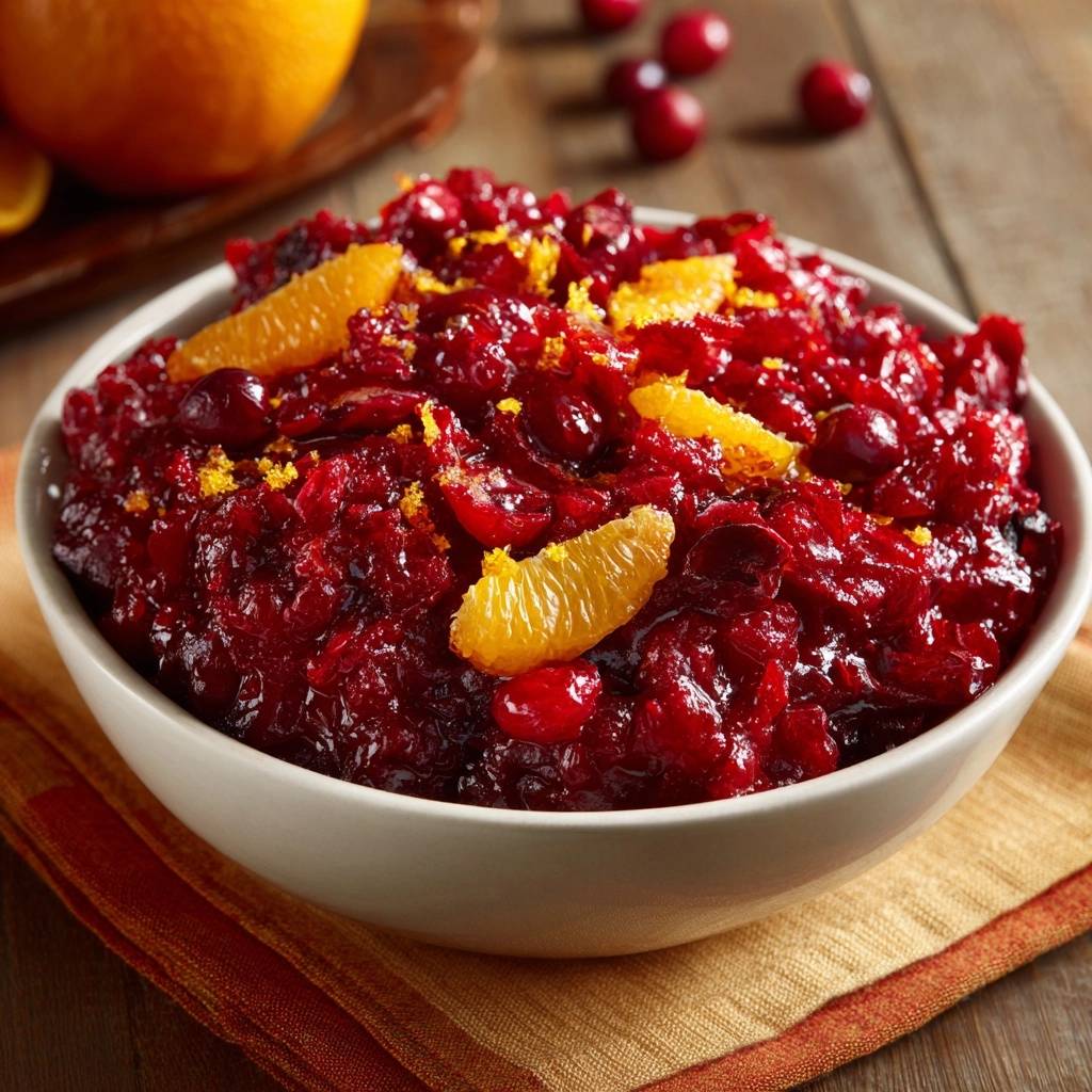 Cranberry orange sauce in a bowl, garnished with orange slices and zest, close-up detail.