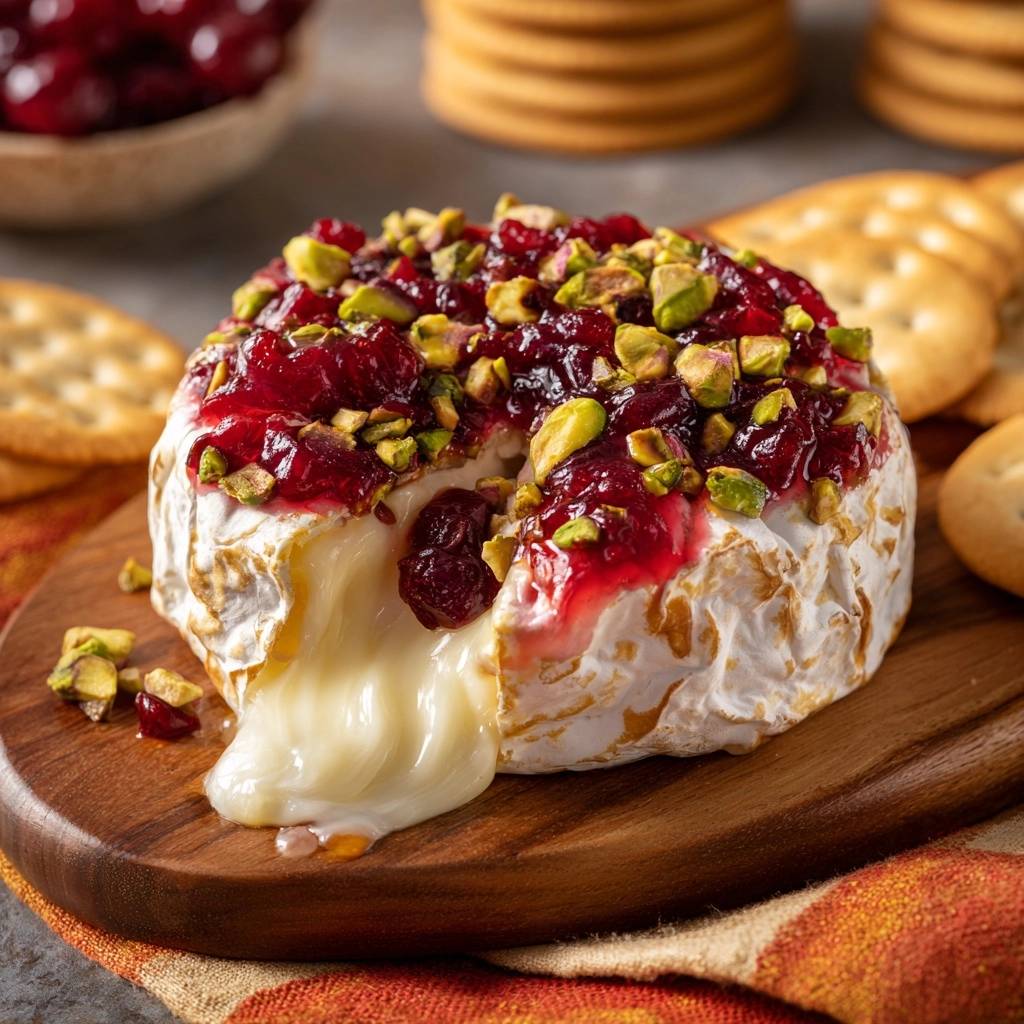 Cranberry pistachio baked brie with perfect oozy melt shown in a close-up cross-section revealing the melted cheese.