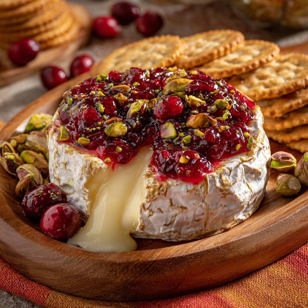 Cranberry pistachio baked brie with perfect oozy melt, shown in a close-up cross-section revealing the gooey interior.