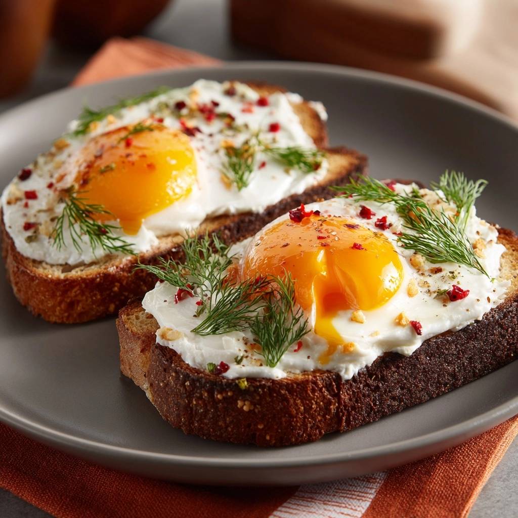Cream cheese seeded toast with sunny-side up eggs plated on a grey dish with dill and red pepper flakes.