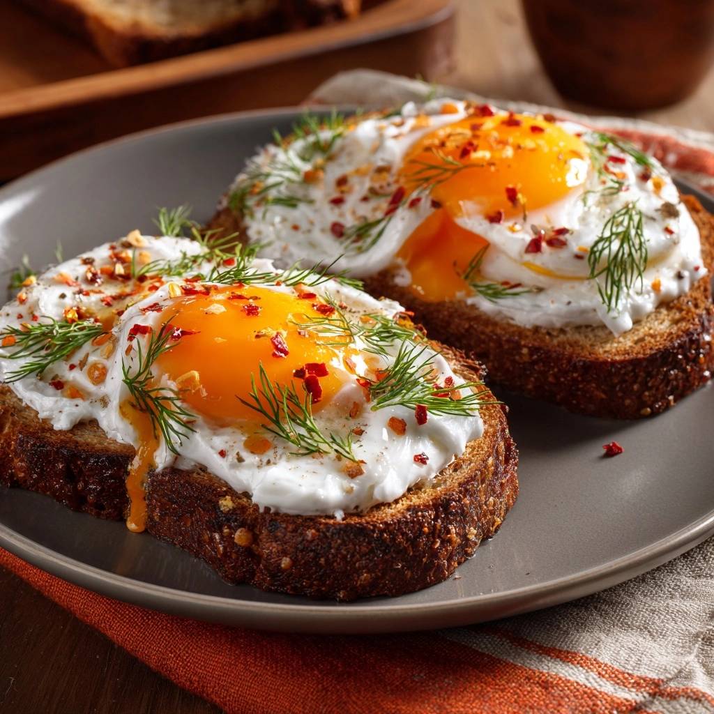 Cream cheese seeded toast with sunny-side up eggs plated with fresh dill and chili flakes.