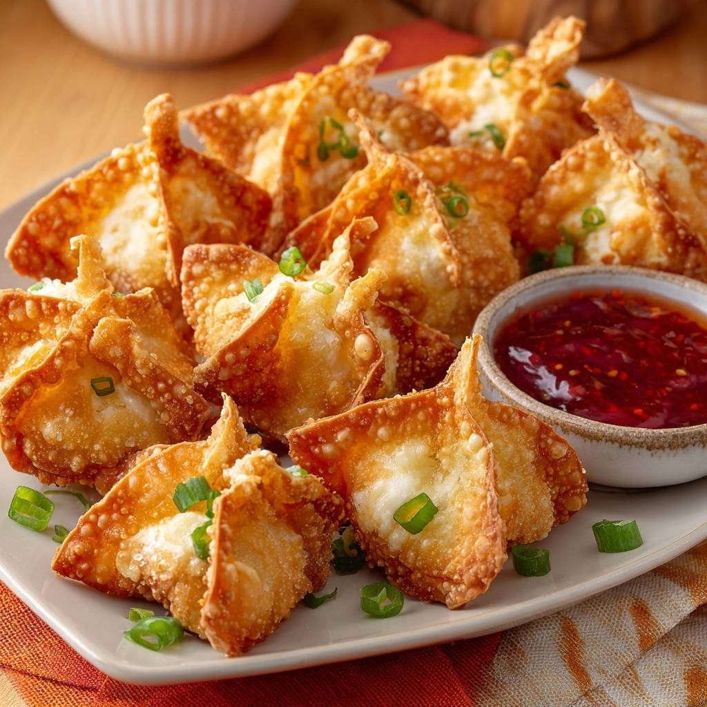 Crispy cream cheese wontons with a leak-proof seal, garnished with chopped green onions and served with dipping sauce.