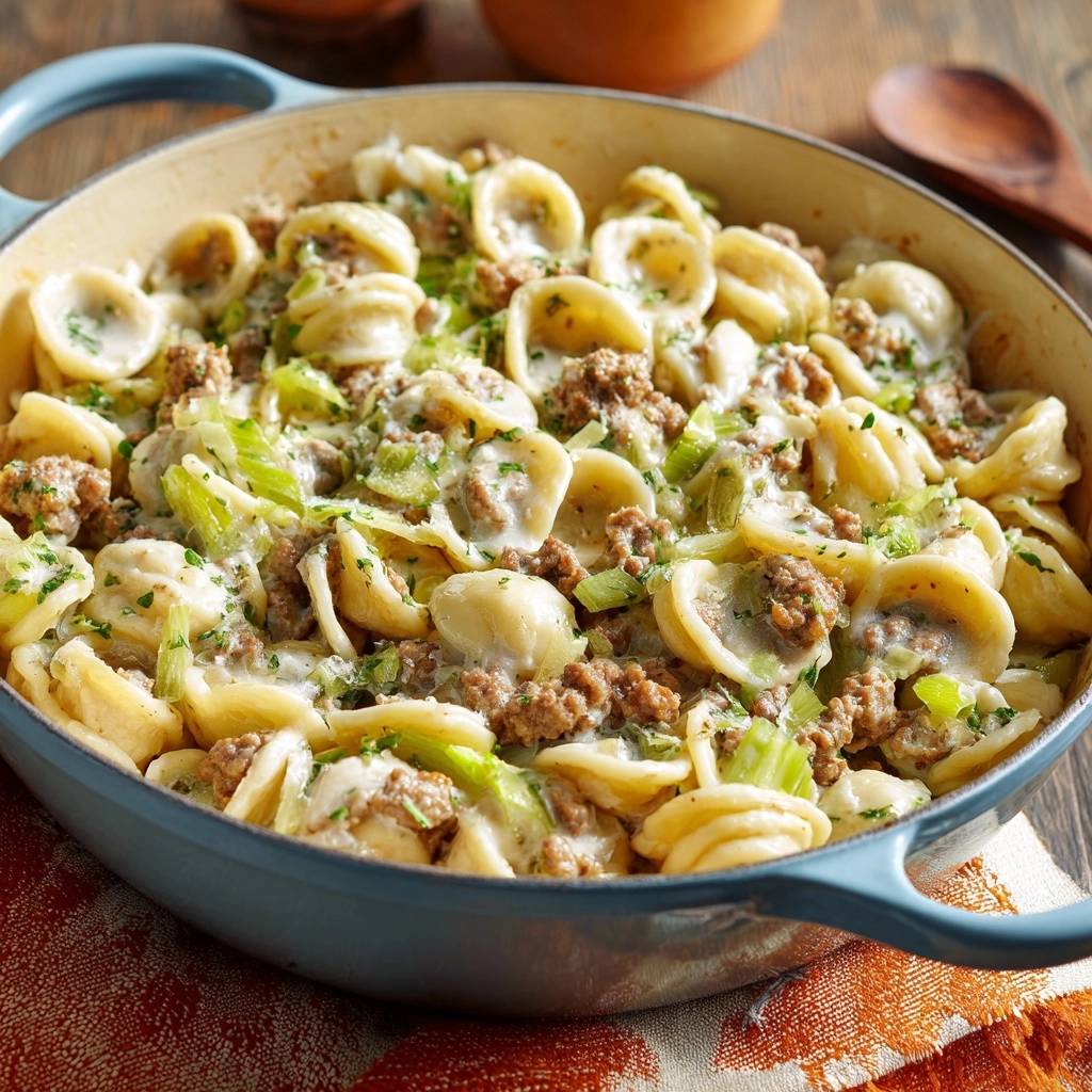 Creamy beef celery shells with thick sauce presented in a close-up view of the blue casserole pan.