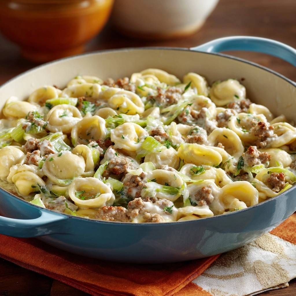 Creamy beef celery shells with thick sauce served in a blue pan, showing a close-up view of the pasta and ingredients.