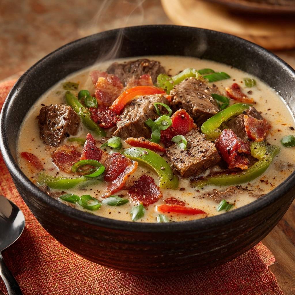 Creamy beef jalapeño chowder served steaming in a black bowl, featuring tender beef chunks, bacon, and green peppers.