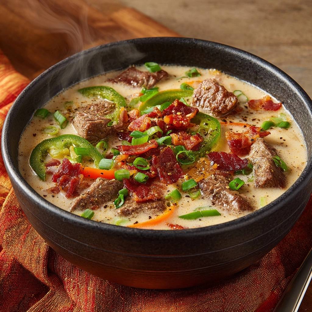 Creamy beef jalapeño chowder in a dark bowl, generously garnished with bacon and green onions, showing steam rising.