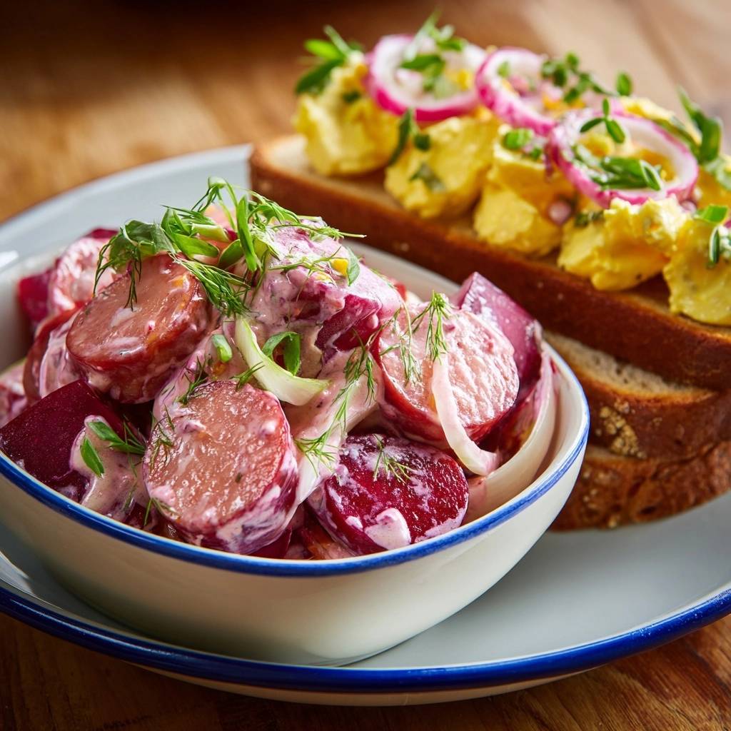 Creamy beet and sausage salad with egg toast shown in a close-up bowl with toast in the background.