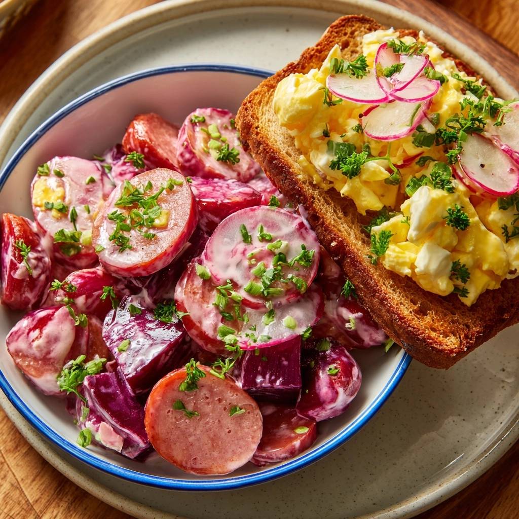 Creamy beet & sausage salad with egg toast, served plated with a close-up view of the salad and toast.
