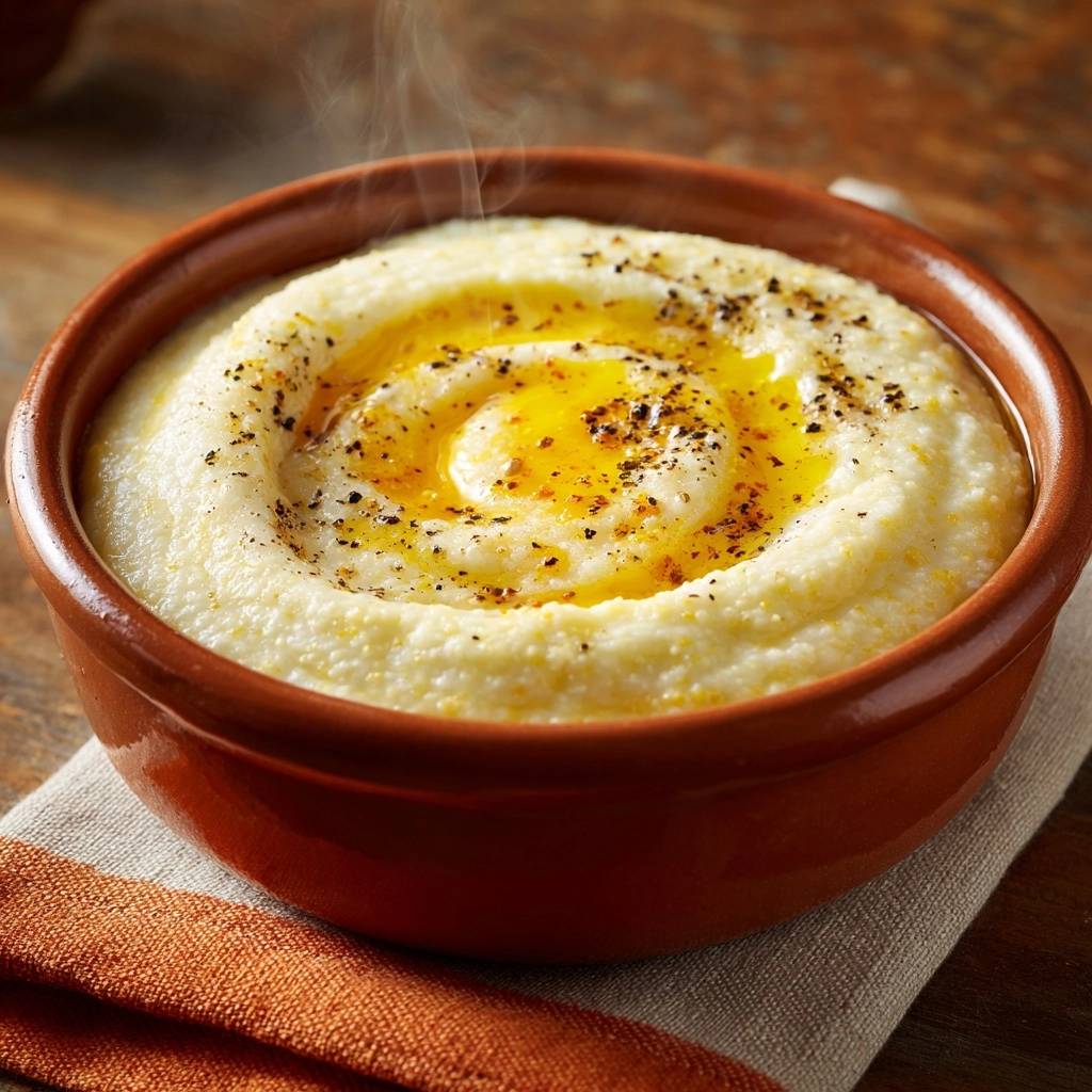 Creamy buttered polenta with a swirl of melted butter and black pepper in a rustic bowl, showing steam rising.