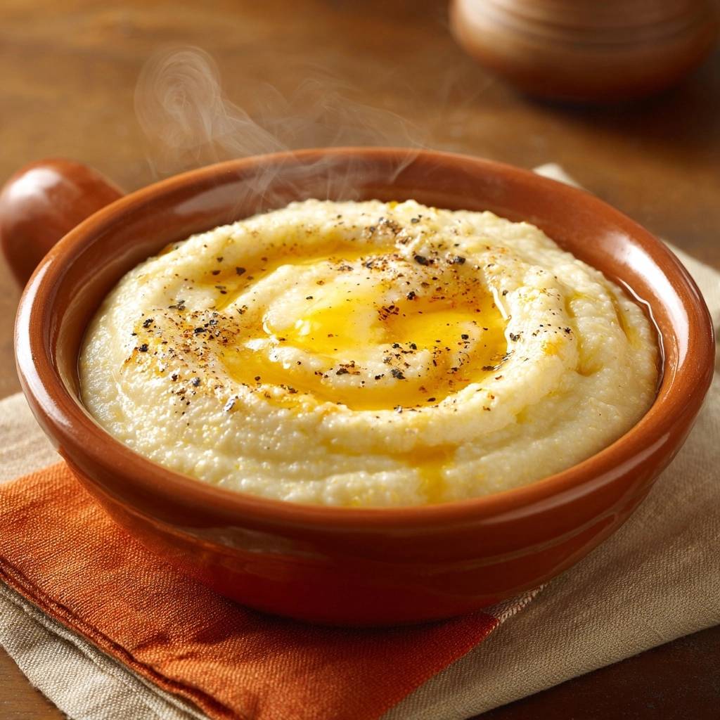Creamy buttered polenta with a swirl of melted butter and cracked black pepper, showing visible steam rising from the warm dish.