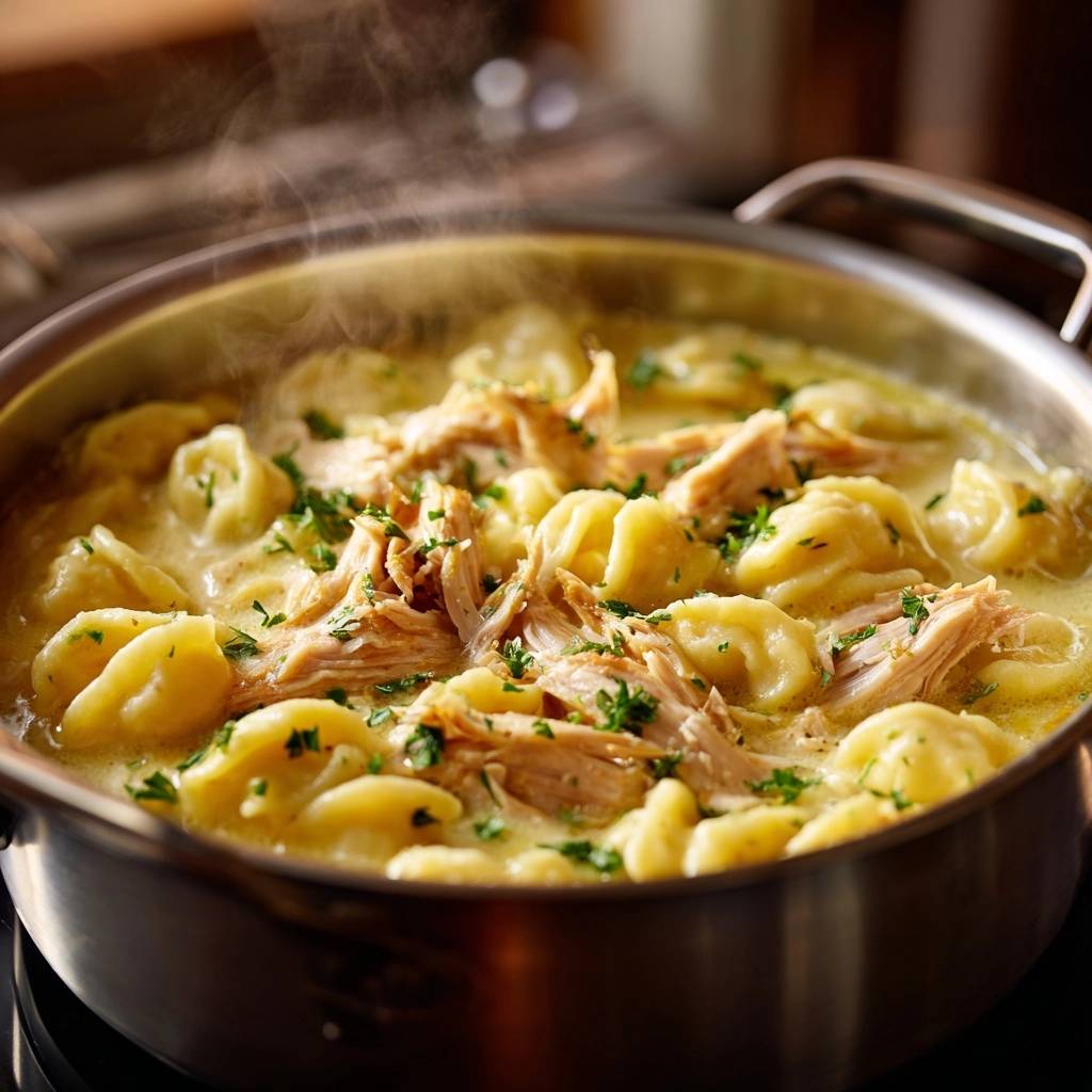 Creamy chicken and noodles steaming in a pot, with tender noodles and shredded chicken visible.
