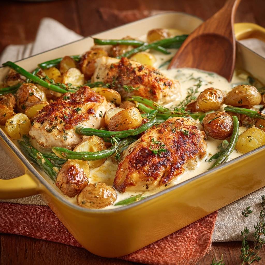 Creamy chicken with baby potatoes and green beans served in a yellow earthenware dish, with a wooden spoon.