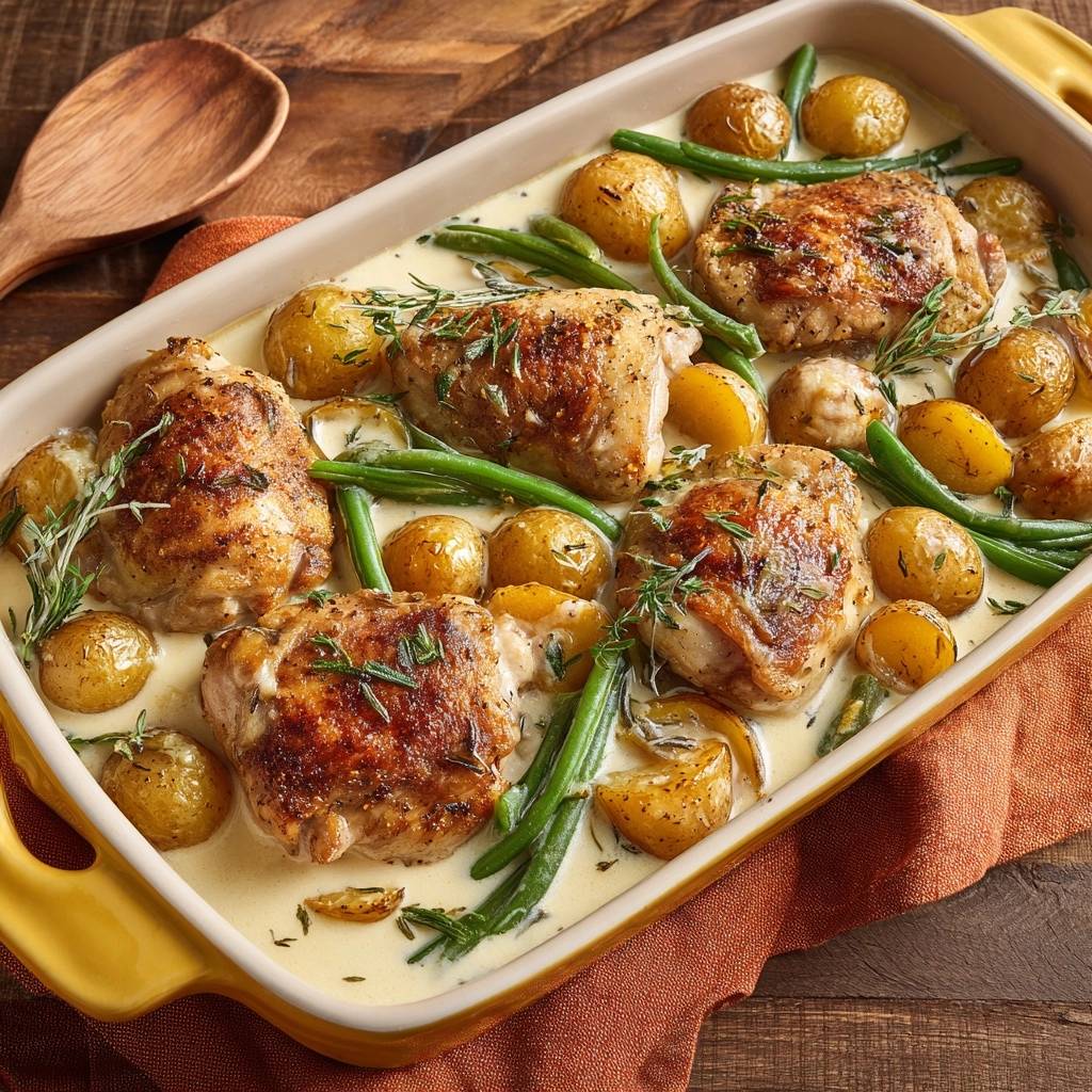 Creamy chicken with baby potatoes and green beans served in a yellow baking dish, a top-down view.
