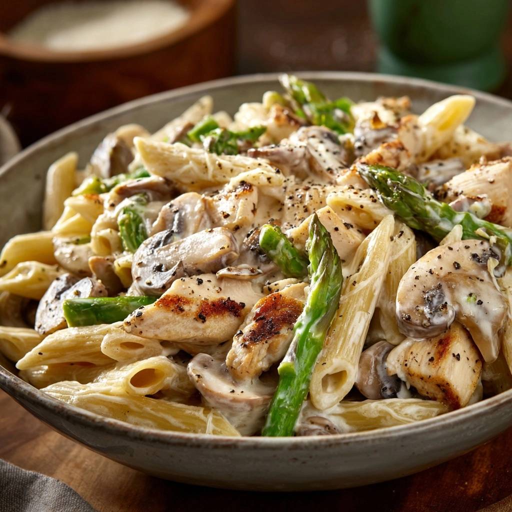 Creamy chicken and mushroom penne in a bowl, showcasing tender chicken, asparagus, and mushrooms in a rich sauce.