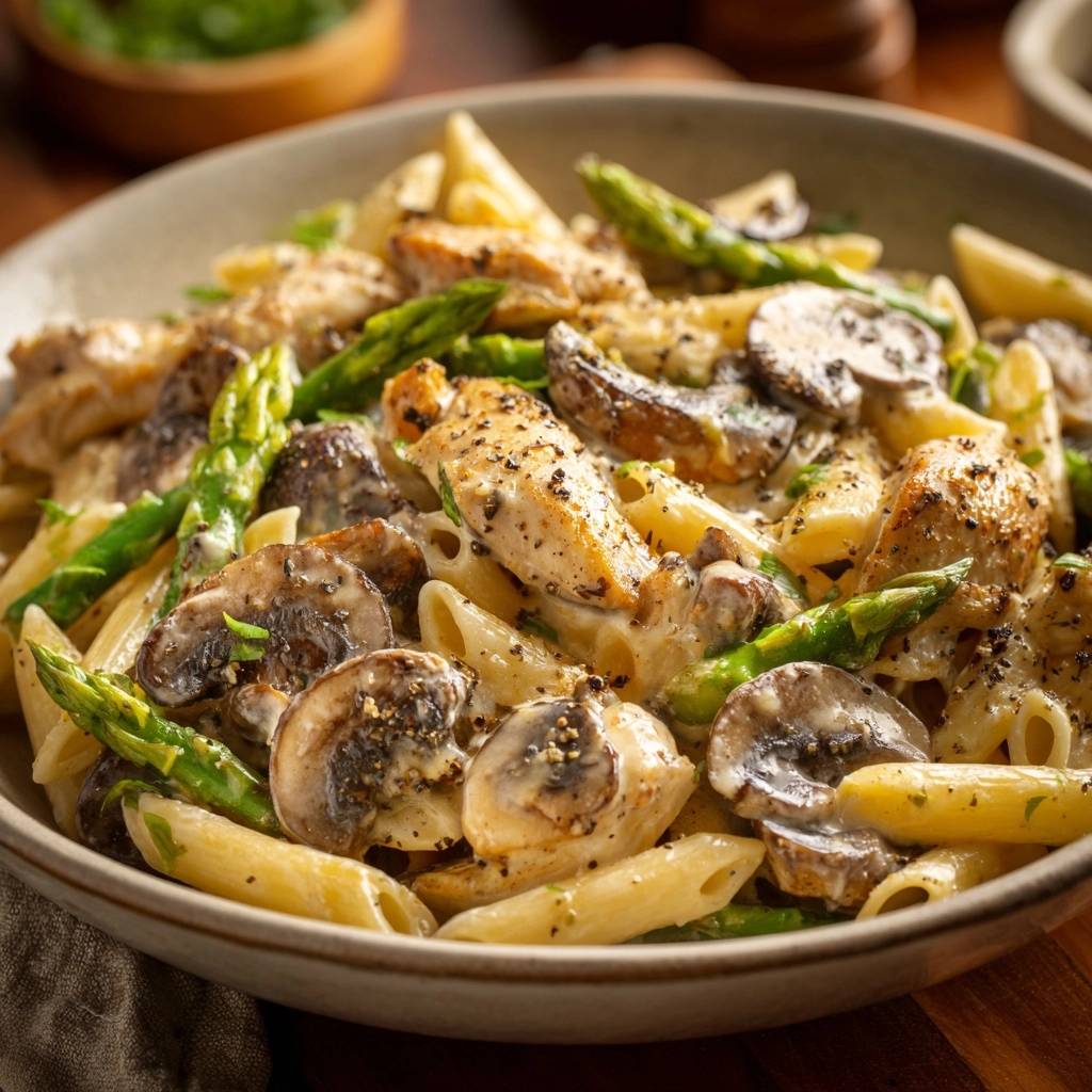 Creamy chicken and mushroom penne served in a bowl, showcasing pasta, chicken, mushrooms, and asparagus in a rich sauce.