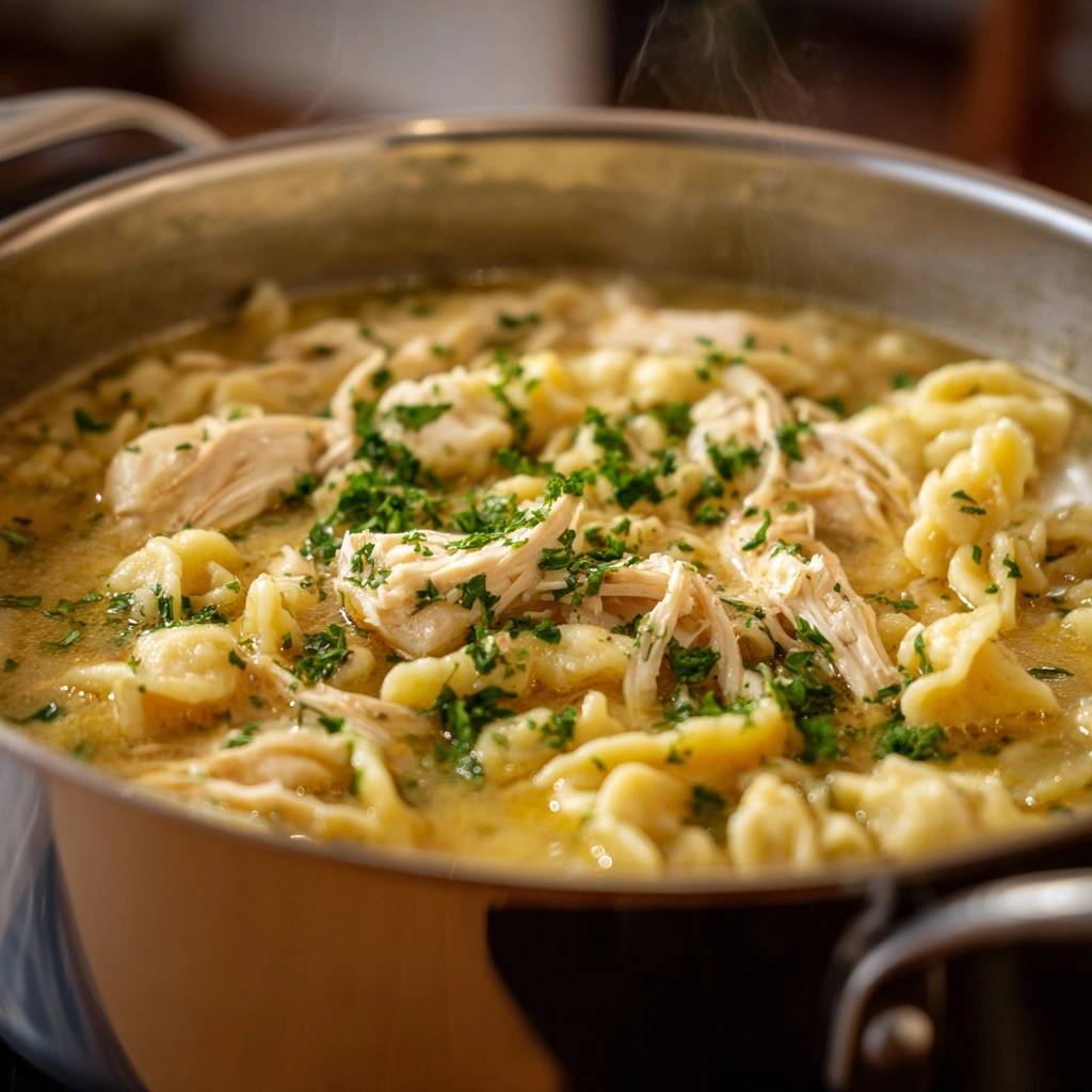 Creamy chicken and noodles steaming in a pot, topped with fresh parsley and showing tender noodles.
