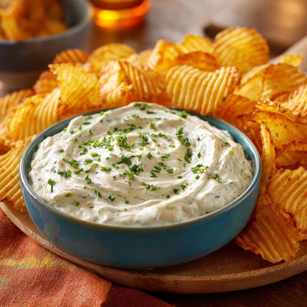 Creamy chive and onion dip in a blue bowl, generously garnished with fresh chives and served with ruffled potato chips.