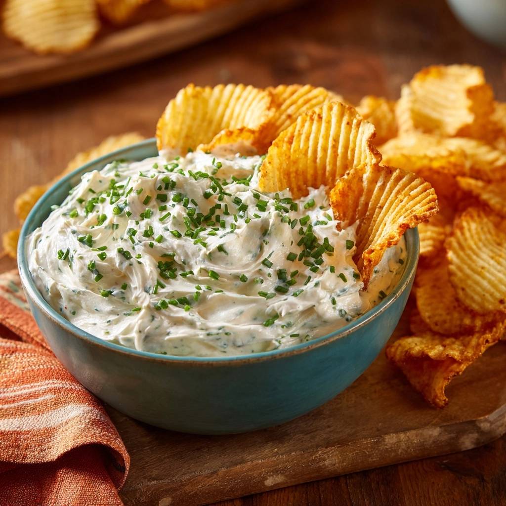 Creamy chive and onion dip in a blue bowl, garnished with chives and served with ruffled potato chips.