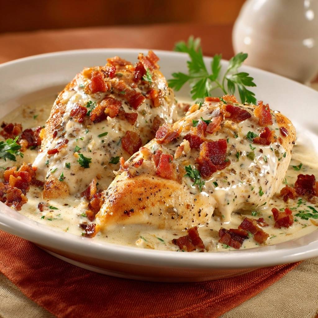 Creamy garlic bacon chicken served in a white bowl, generously topped with crispy bacon pieces and fresh parsley.