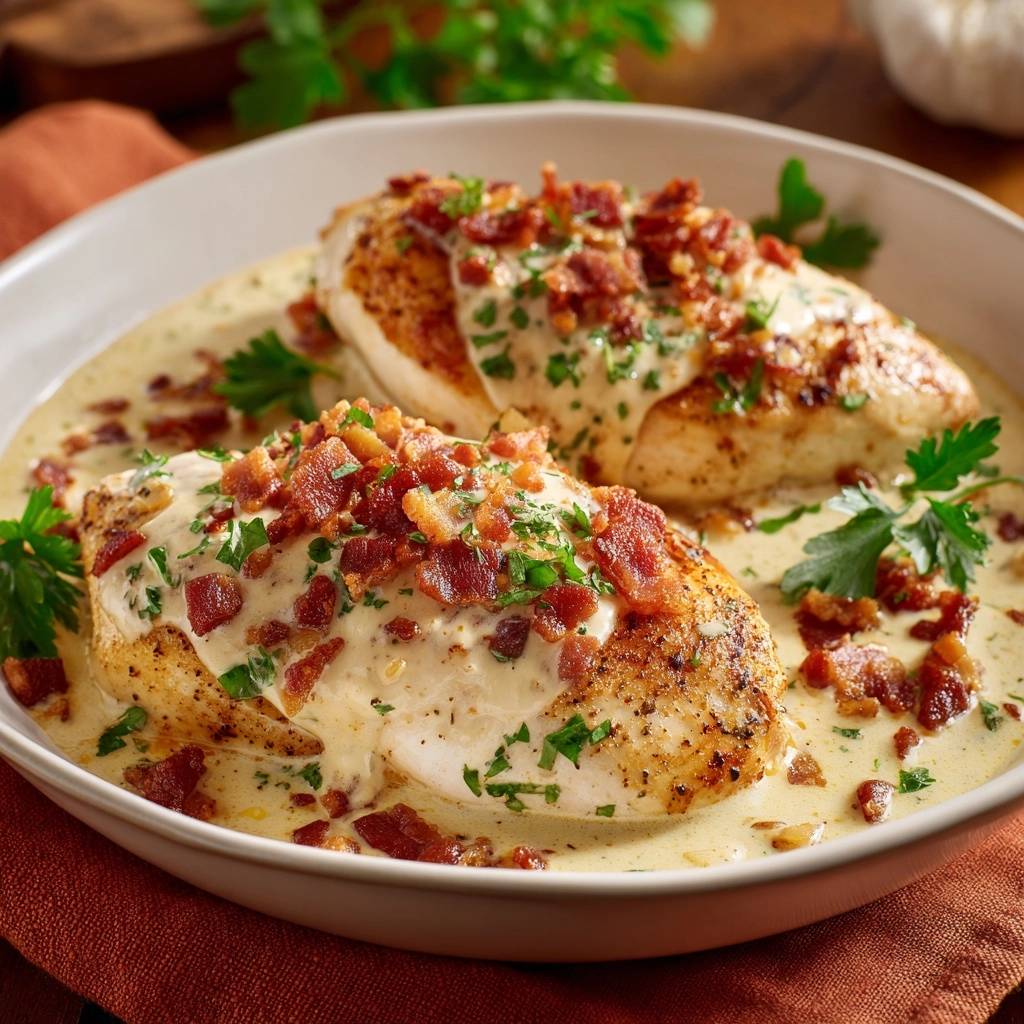 Creamy garlic bacon chicken served in a white bowl with two chicken breasts covered in sauce and topped with bacon.
