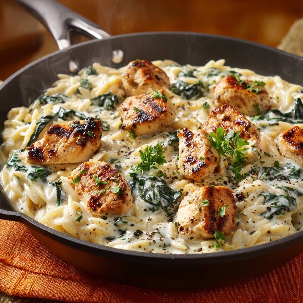 Creamy garlic chicken and spinach orzo served in a skillet, showing a close-up of the grilled chicken pieces and pasta.