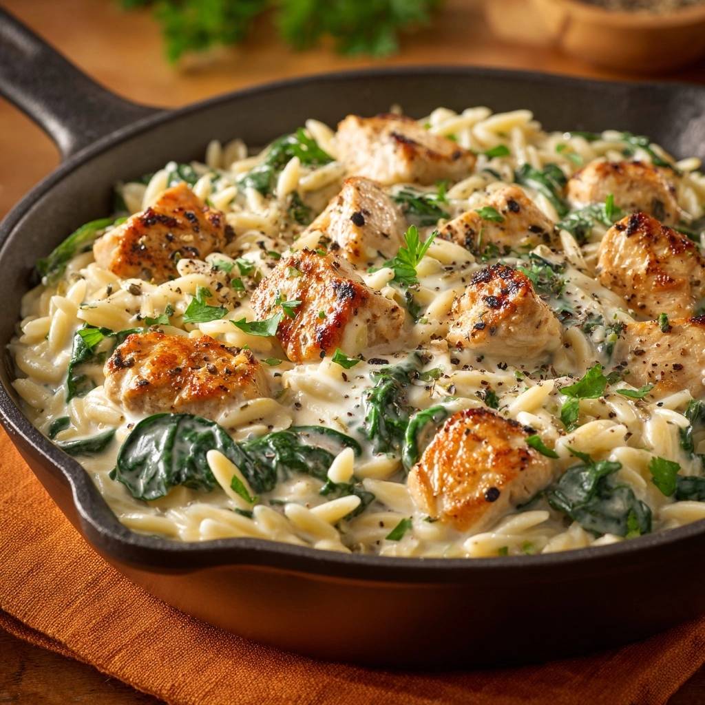 Creamy garlic chicken and spinach orzo in a cast iron skillet, showcasing tender chicken and pasta in a rich sauce.