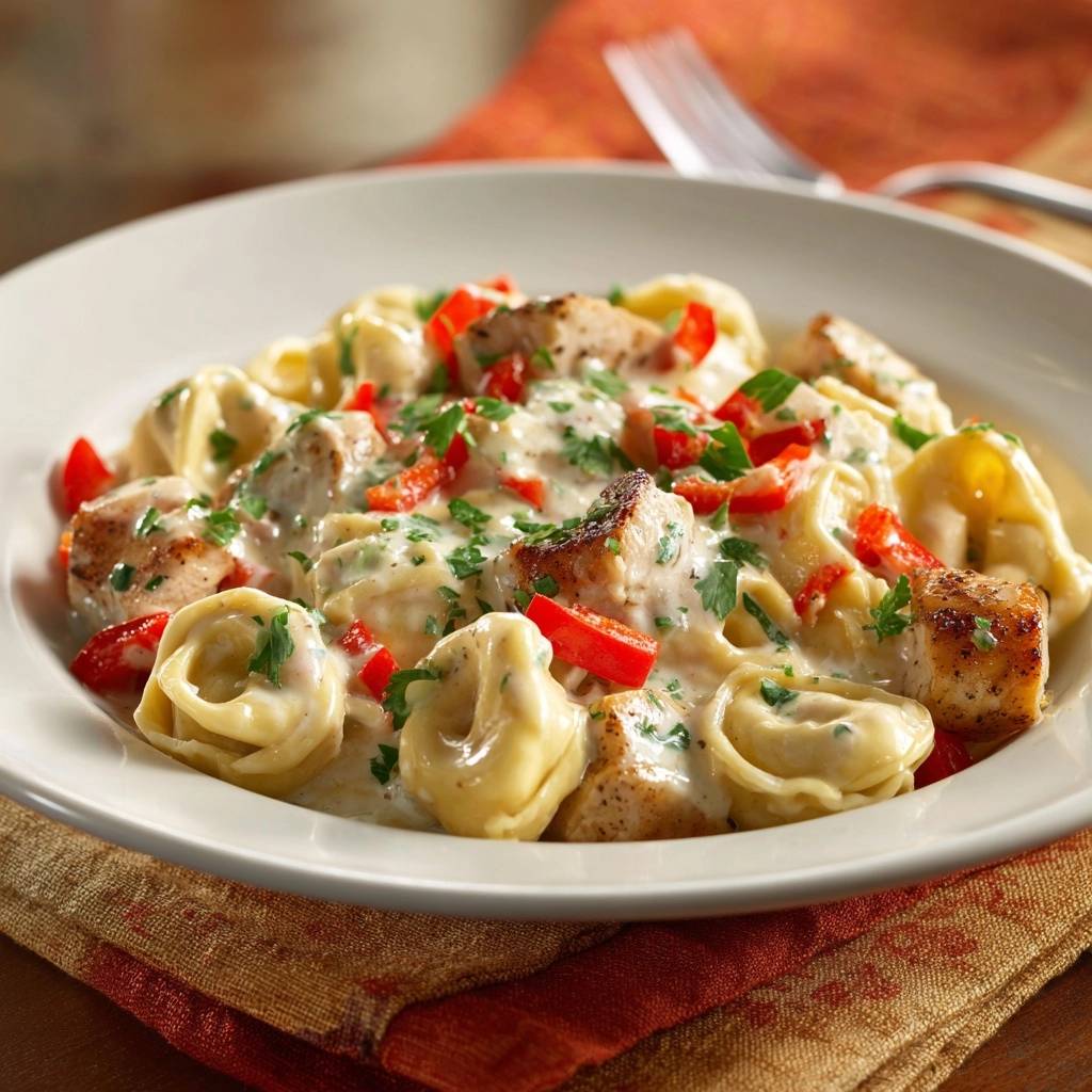 Creamy garlic chicken tortellini plated with red peppers and parsley, showing a close-up view of the dish.