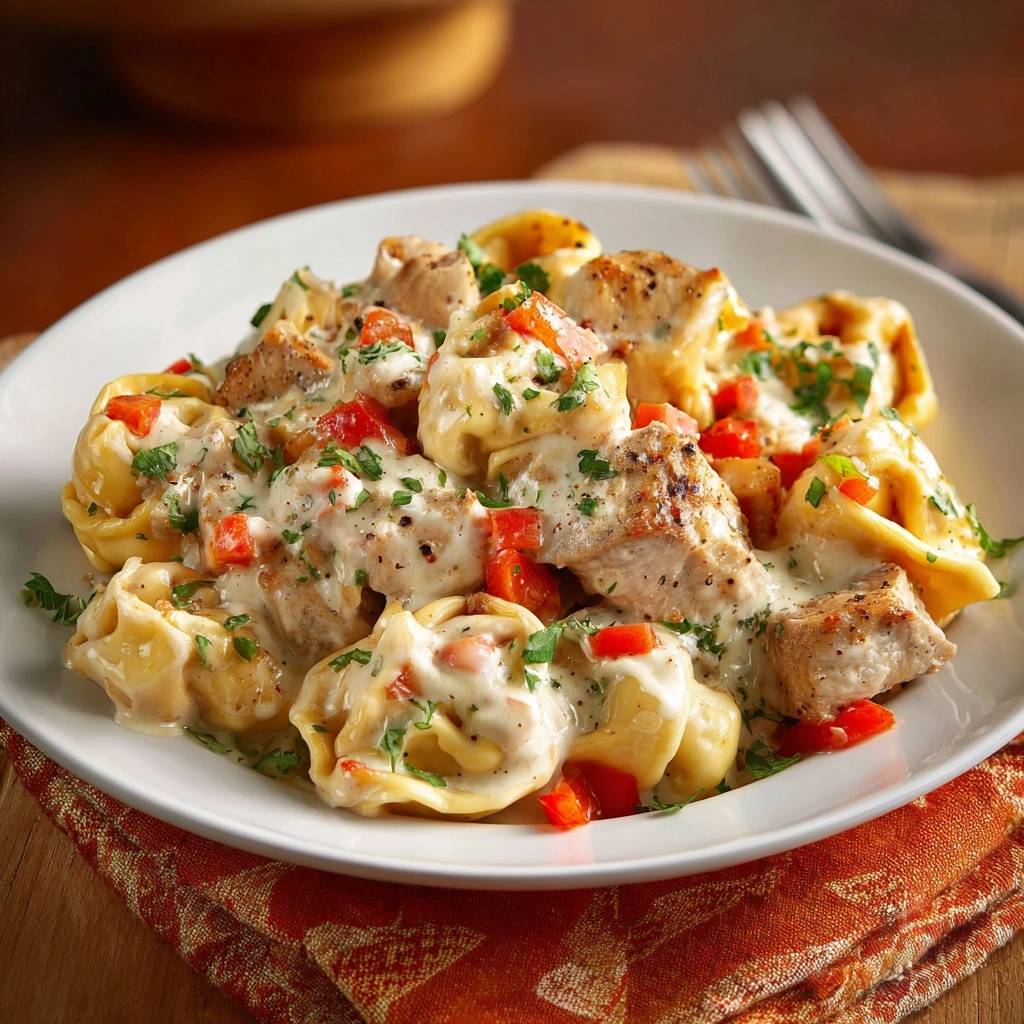 Creamy garlic chicken tortellini served on a white plate, garnished with chopped parsley and red bell peppers.