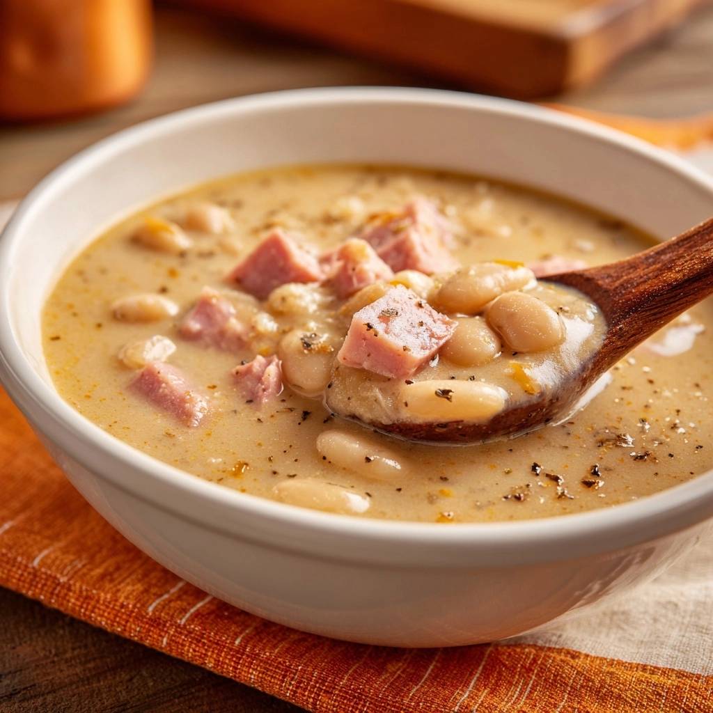 Creamy ham and white bean soup shown in a close-up with a wooden spoon lifting a hearty serving.