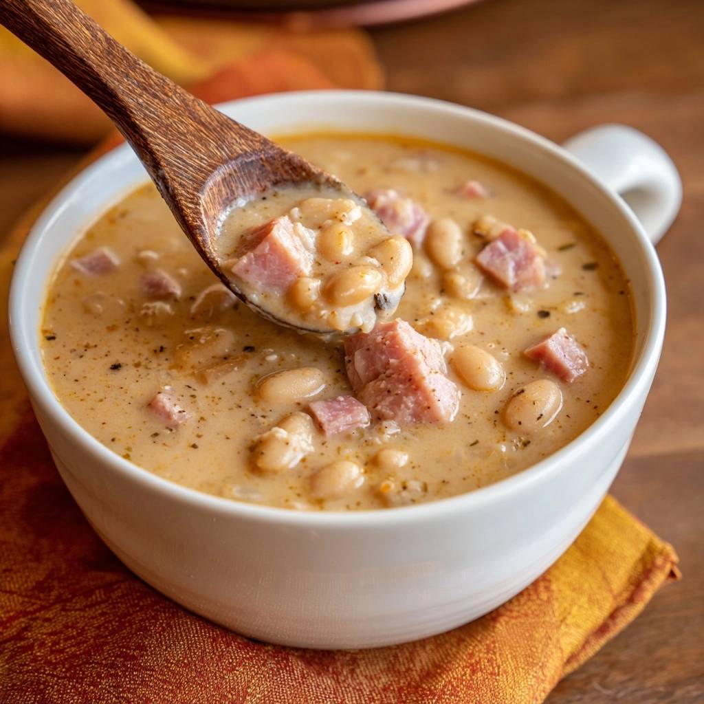 Creamy ham and white bean soup shown with a spoonful lifting out, highlighting the thick broth and ingredients.