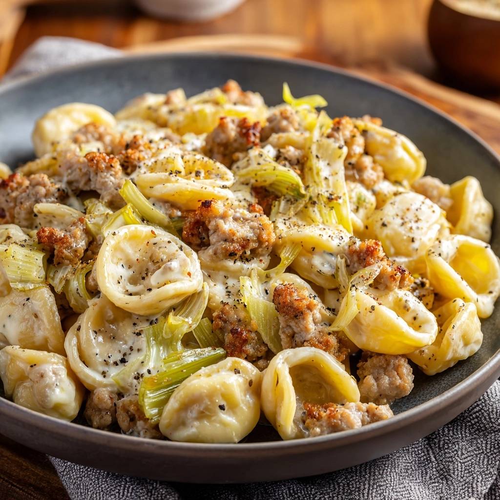 Creamy leek and sausage orecchiette with a silky sauce, served in a dark bowl, close-up view.